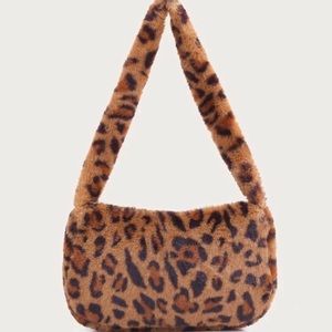 Fluffy Leopard Print Baguette Shoulder Bag